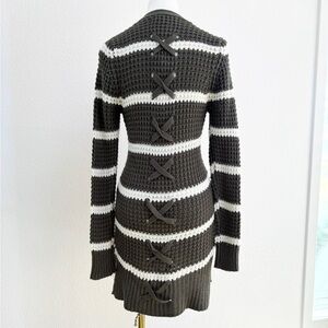 Pink Rose Lace-Up Back Drab Olive White Striped Knit Long Cardigan Sweater S